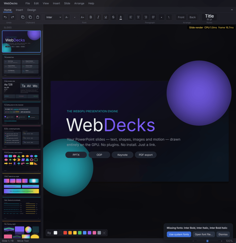 The WebDecks slide editor rendering the title deck on the GPU
